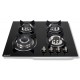 Table de cuisson gaz - 4 Foyers - Double couronne - 7800W - encastrable - verre noir